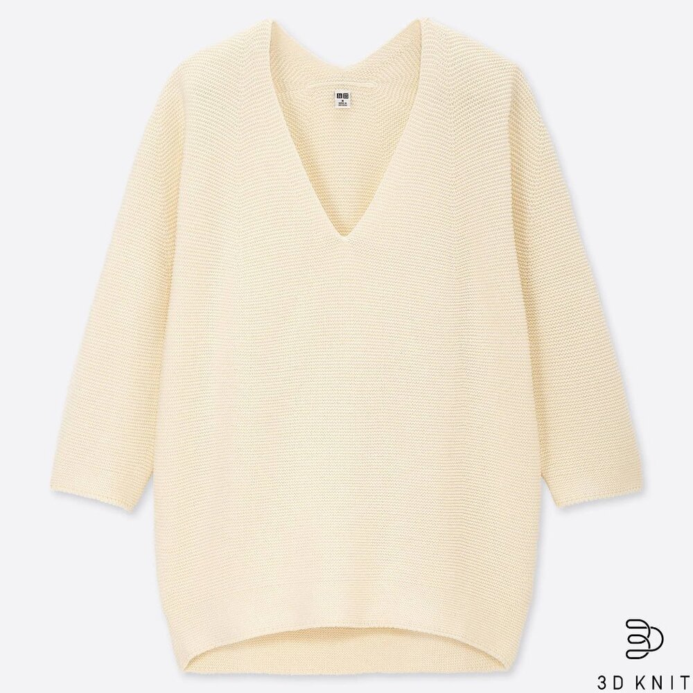 Uniqlo 3D Knit Cotton Cocoon V Neck 3/4 Sleeve Sweater in Cream size M